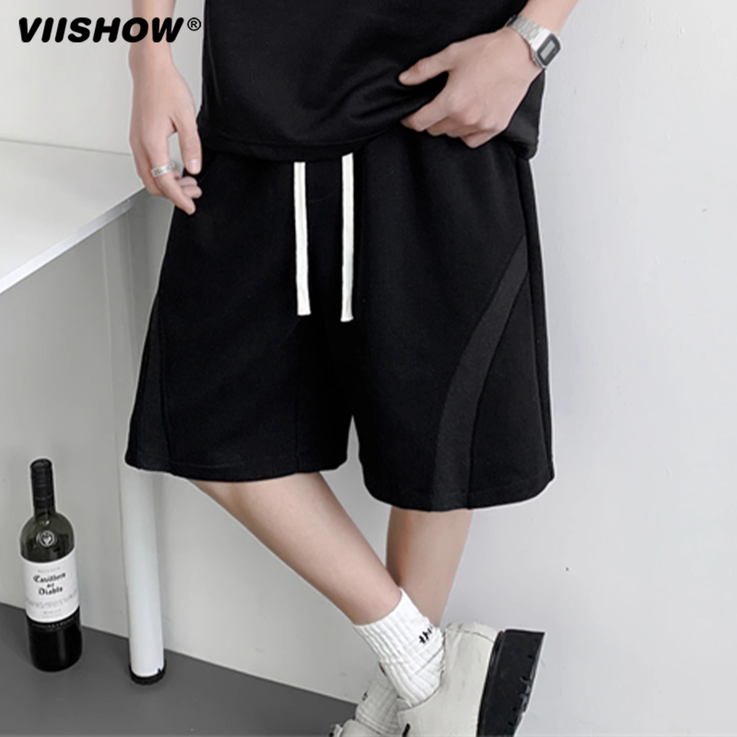 VIISHOW重磅休闲裤短裤2025年夏季新款男款百搭潮流高街纯色线条,淘宝优惠券,粉丝福利购,淘宝优惠卷