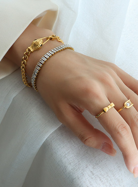 欧美冷淡风情侣手链蛇头绿眼睛锆石钛钢镀18k金简约手饰饰品