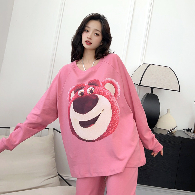 草莓熊卡通甜美长袖长裤女士睡衣圆领套装INS网红可外穿家居服女,淘宝优惠券,粉丝福利购,淘宝优惠卷
