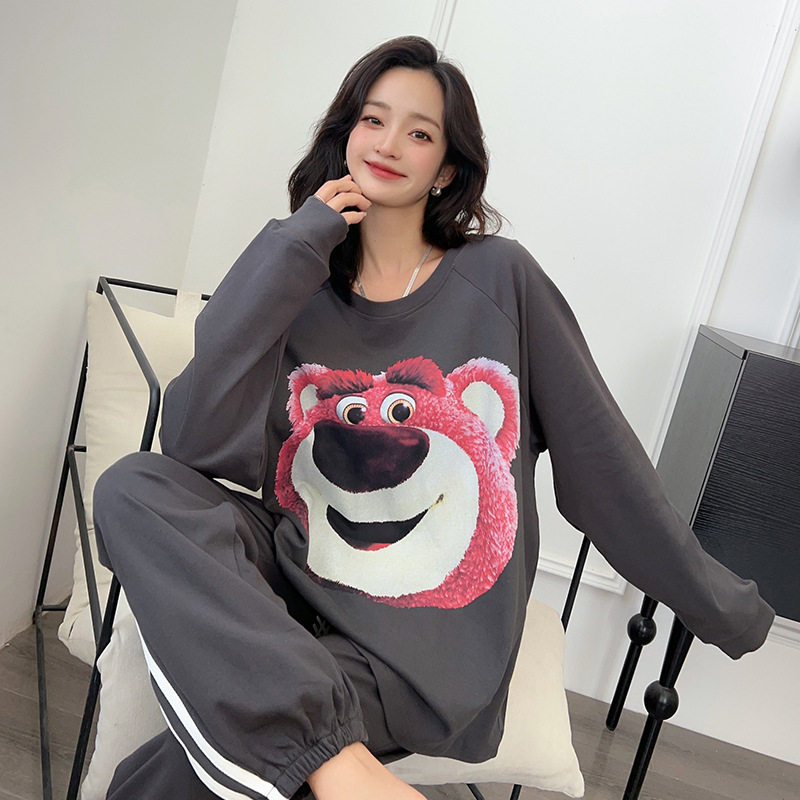 草莓熊卡通甜美长袖长裤女士睡衣圆领套装INS网红可外穿家居服女,淘宝优惠券,粉丝福利购,淘宝优惠卷