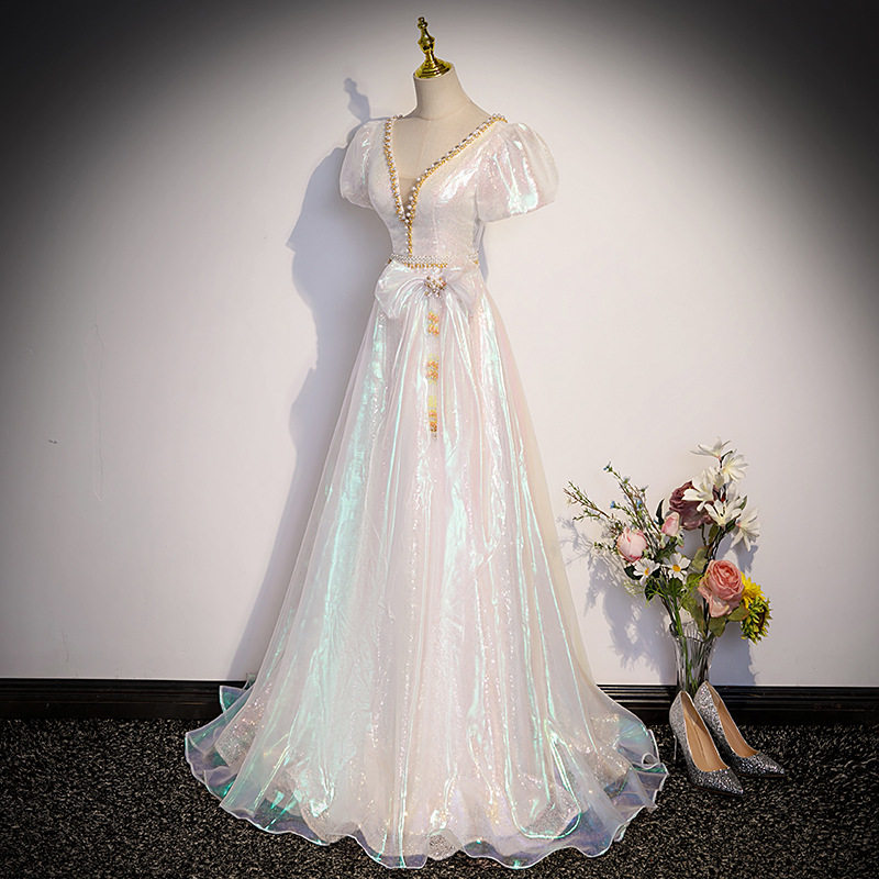 白色声乐艺考美声独唱礼服女V领敬酒服轻婚纱法式公主成人高级感,淘宝优惠券,粉丝福利购,淘宝优惠卷