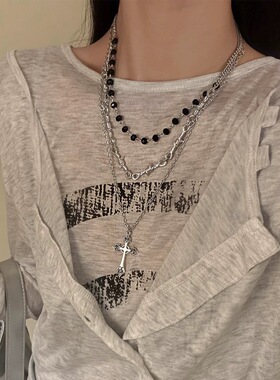 Beaded Cross Pendant Collarbone Necklace Dark Gothic Jewelry