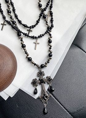 Beaded Cross Pendant Collarbone Necklace Dark Gothic Jewelry