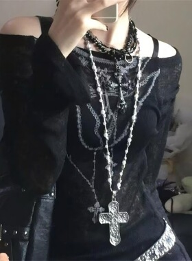 Beaded Cross Pendant Collarbone Necklace Dark Gothic Jewelry