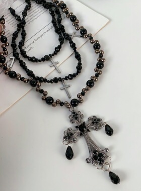 Beaded Cross Pendant Collarbone Necklace Dark Gothic Jewelry