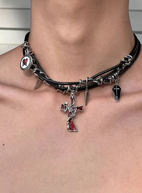 Beaded Cross Pendant Collarbone Necklace Dark Gothic Jewelry