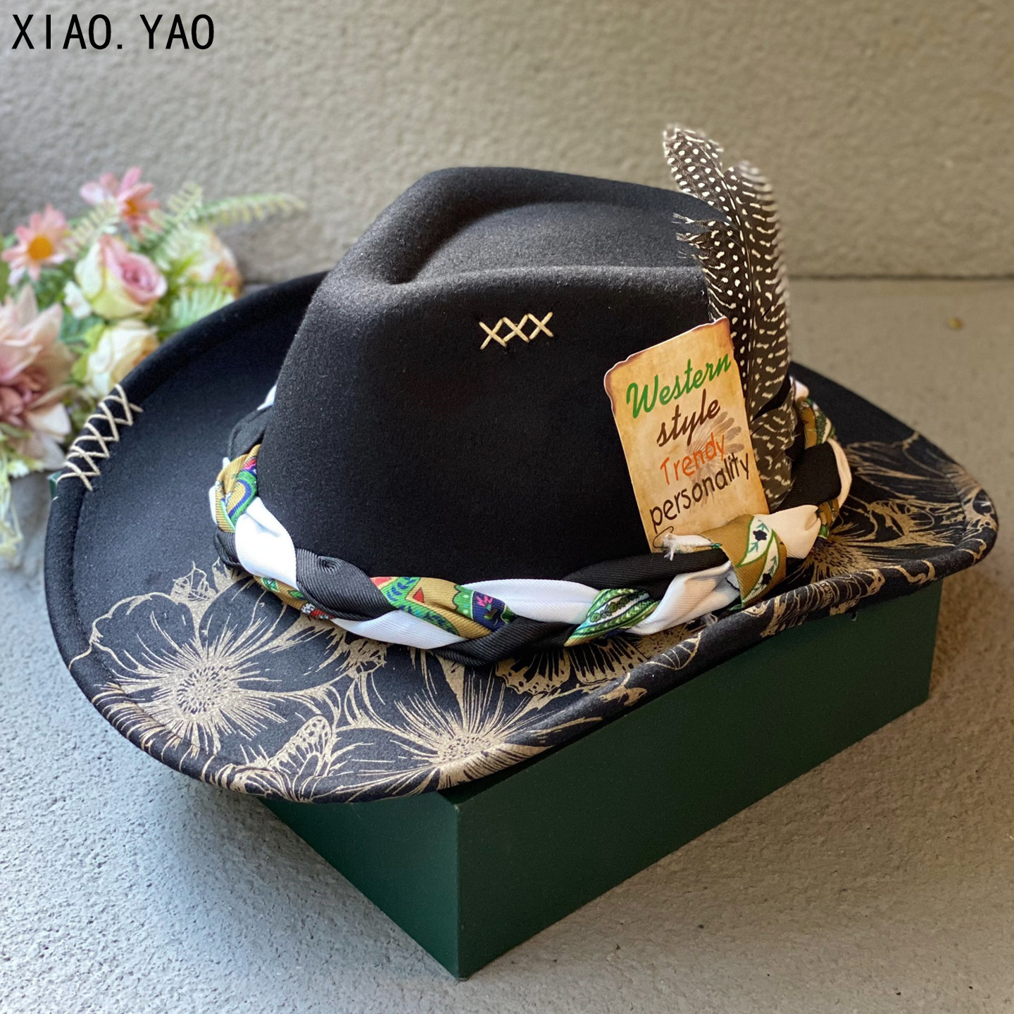 民族风西部牛仔帽子男女秋冬休闲百搭印花藏族爵士帽米色毛呢礼帽,淘宝优惠券,粉丝福利购,淘宝优惠卷