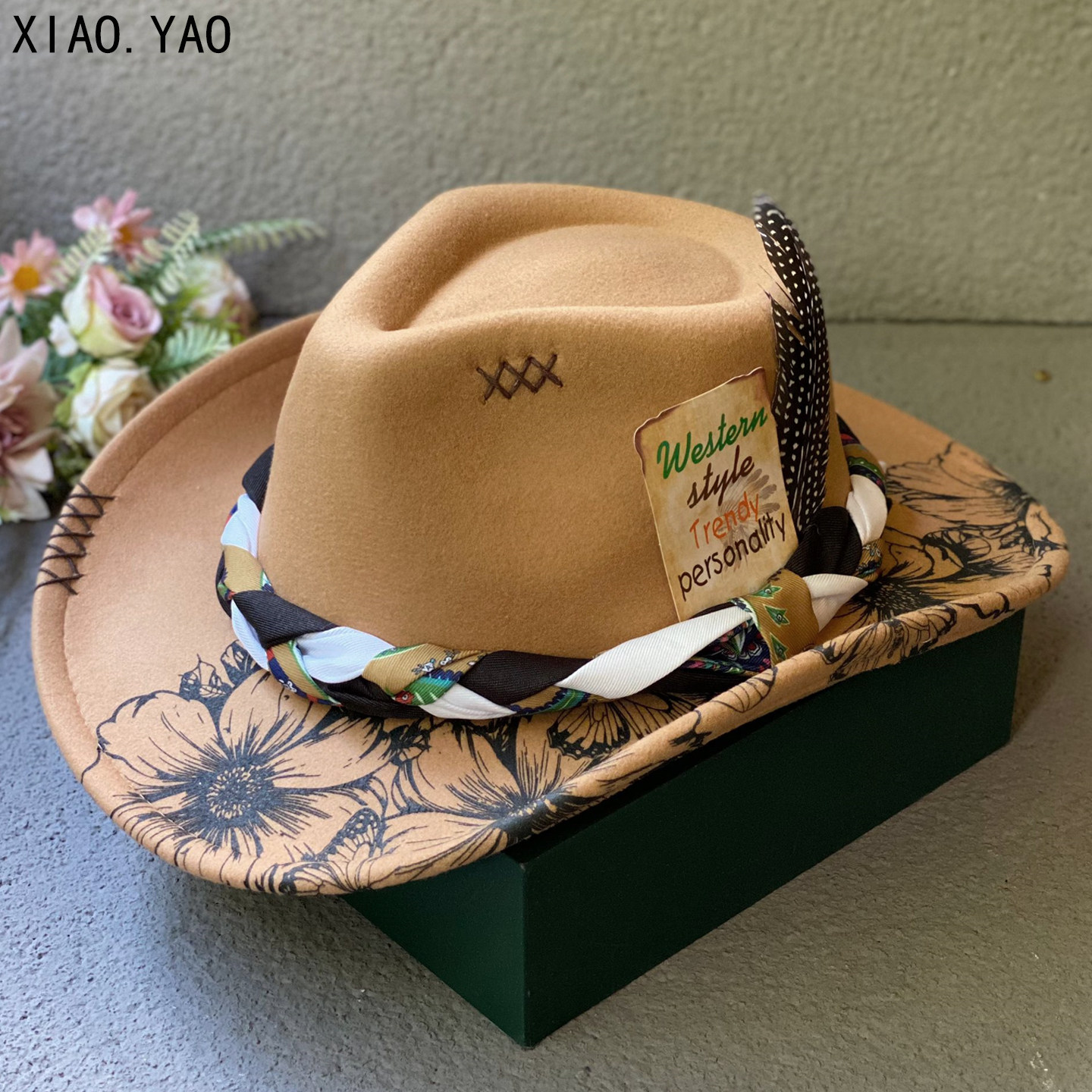 民族风西部牛仔帽子男女秋冬休闲百搭印花藏族爵士帽米色毛呢礼帽,淘宝优惠券,粉丝福利购,淘宝优惠卷