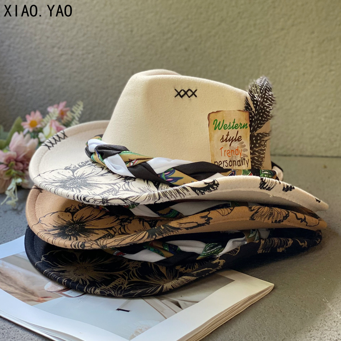 民族风西部牛仔帽子男女秋冬休闲百搭印花藏族爵士帽米色毛呢礼帽,淘宝优惠券,粉丝福利购,淘宝优惠卷