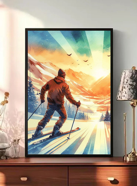 装饰画挂画墙壁体育运动健身房冬季运动滑雪单板滑雪场滑冰美式