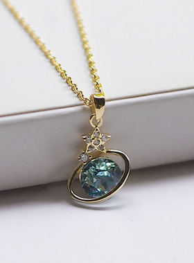 蓝色镶钻星球金色项链纯银