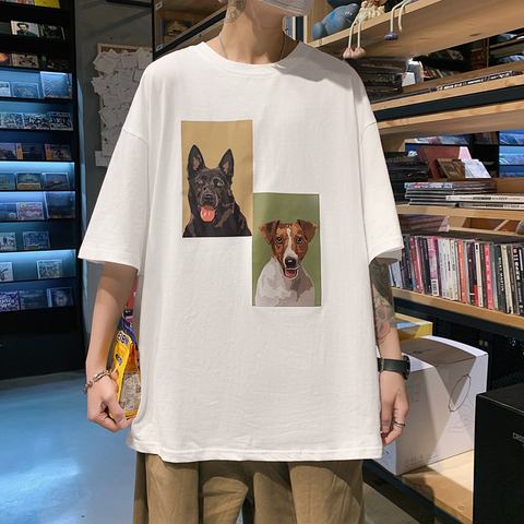 日系加肥加大码21夏季新品水彩卡通小狗拼图宽松男士短袖个性T恤