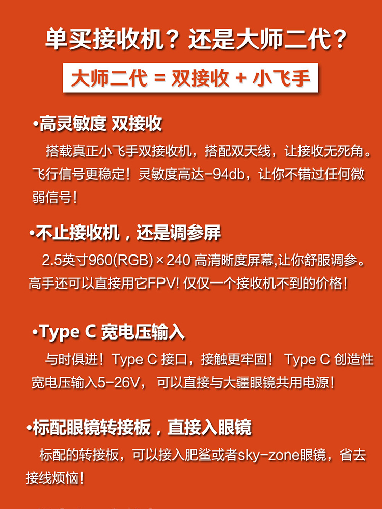 鹰眼小飞手大师2代远距离高灵敏双接收5.8G大疆肥鲨FPV显示屏 - 图0