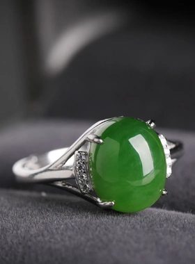 925银镶嵌蛋面和田碧玉戒指 带证书新中式古风纯银活口可调节女戒