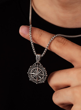 指南针护身符项链男欧美爆款指北针吊坠颈链圆形维京标致饰品