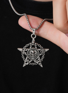 欧美五角星骷髅头项链不锈钢服饰吊坠男哥特风毛衣链挂件