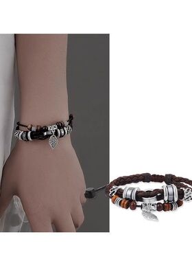 树叶子手链男款个性复古多层手工编织皮革手环简约学生情侣手饰品