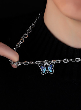 蓝色蝴蝶项链男钛钢不掉色时尚潮流简约设计毛衣链女高级百搭饰品