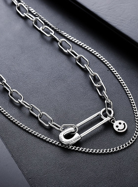 笑脸别针双层项链钛钢不掉色欧美嘻哈冷淡风男女个性锁骨链毛衣链