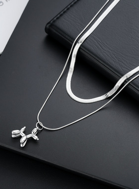 气球狗拼接项链女高级感个性双层锁骨链女小众设计饰品钛钢蛇骨链