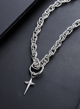 十字星耳圈吊坠麻花项链钛钢不掉色情侣款朋克嘻哈女毛衣链冷淡风