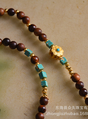 新款沉香木手工串珠复古藏式天珠项链唐卡吊坠绳扎基拉姆挂脖挂绳