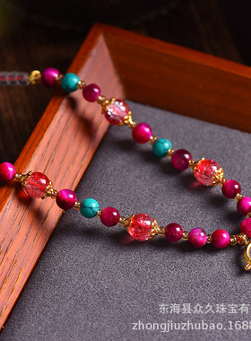 天然红虎眼石毛衣链泰国佛牌链子五爷唐卡吊坠绳链水晶圆珠锁骨链