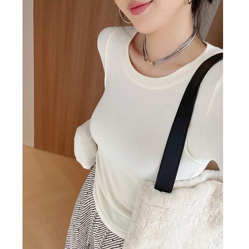 孕妇装春秋冬弹力保暖内搭打底衫女辣妹修身正肩长袖t恤加绒上衣 - 图3