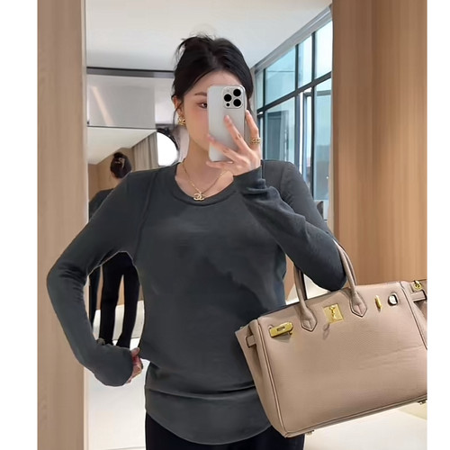 孕妇装春秋冬弹力保暖内搭打底衫女辣妹修身正肩长袖t恤加绒上衣 - 图1