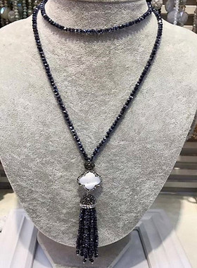 Choker黑尖晶石贝壳镶钻毛衣链