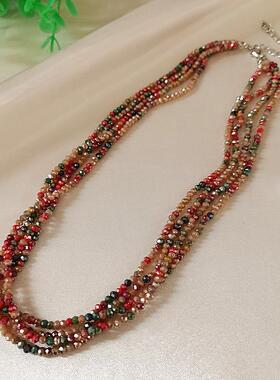 新款水晶麻花项链女短款锁骨链潮气质简约多层叠戴百搭串珠颈链