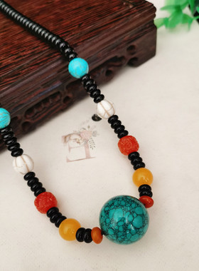 天然原矿绿松石网花圆珠简约气质锁骨链挂坠民族风男女款串珠项链