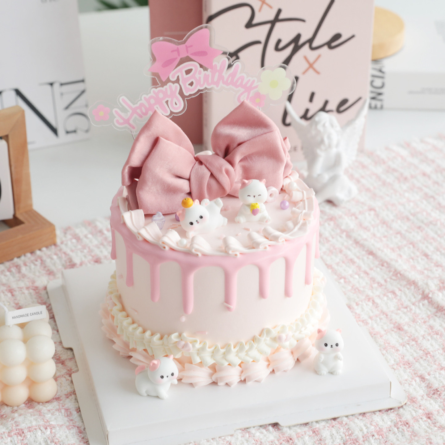 粉耳朵小猫咪蝴蝶结公主少女生日蛋糕装饰摆件Happy Birthday插卡,淘宝优惠券,粉丝福利购,淘宝优惠卷
