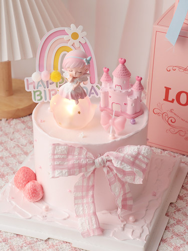 烘焙蛋糕装饰摆件网红天使粉色系草莓城堡彩虹生日快乐插卡插件 - 图3