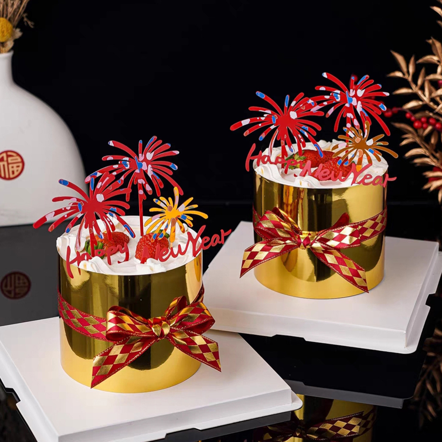 包邮2026新年跨年马年蛋糕装饰插件亚克力红金礼花菱格丝带插件,淘宝优惠券,粉丝福利购,淘宝优惠卷