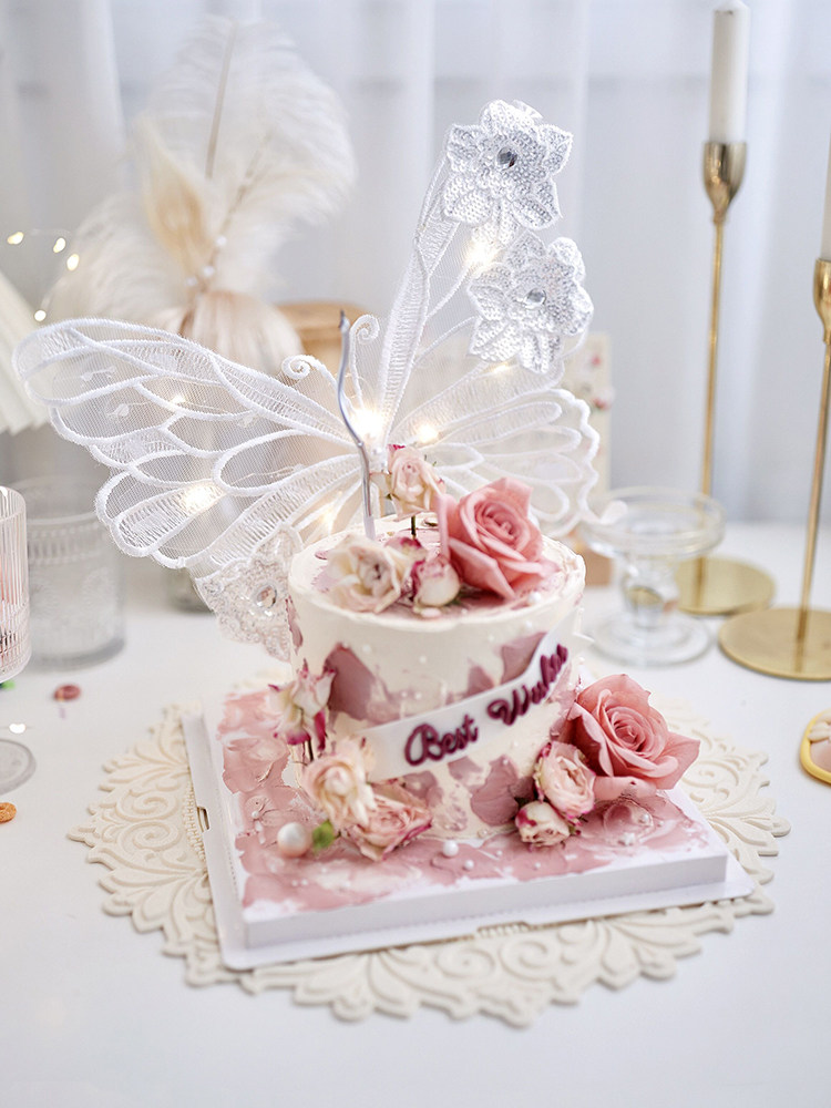 情人节佳妍网红烘焙蛋糕装饰摆件唯美带灯刺绣蝴蝶生日小仙女插件,淘宝优惠券,粉丝福利购,淘宝优惠卷