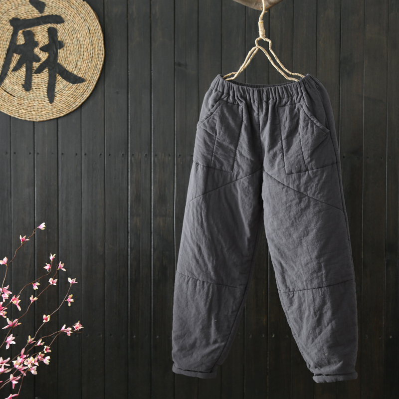 2025秋冬新款棉麻夹棉女裤松紧腰加厚保暖棉裤显瘦哈伦裤长裤子,淘宝优惠券,粉丝福利购,淘宝优惠卷