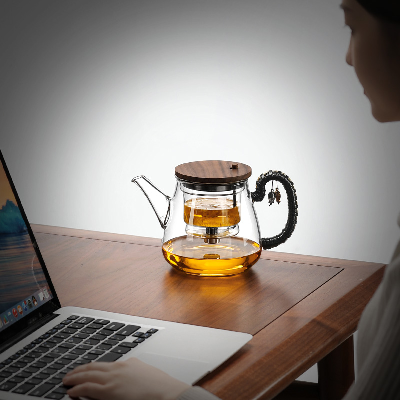 尚言坊严选飘逸杯泡茶壶一键过滤胡桃木全玻璃内胆茶水分离杯高档