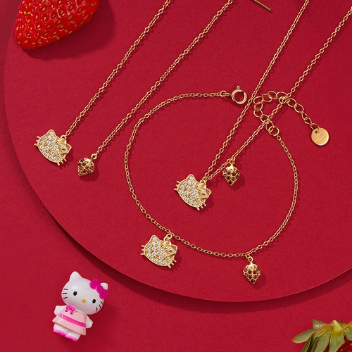 Hello Kitty, ожерелье, дизайнерский пончик, милая клубника, цепочка до ключиц, серебро 925 пробы, легкий роскошный стиль