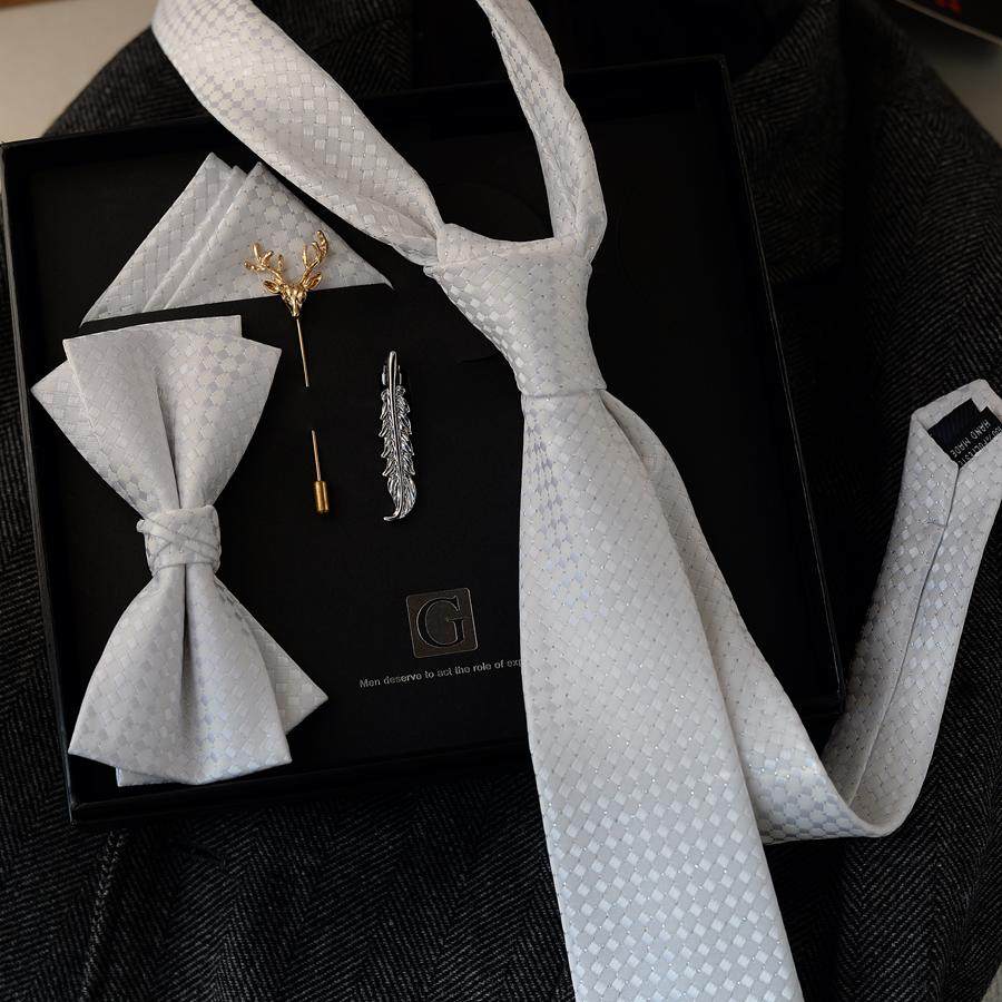 白色领带男复古商务休闲高级感英伦韩版西装口袋巾领结衬衫时尚潮,淘宝优惠券,粉丝福利购,淘宝优惠卷