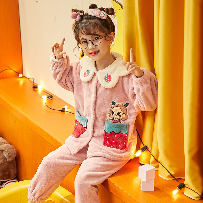 儿童珊瑚绒秋冬季中大童公主睡衣 dancebees家居服套装