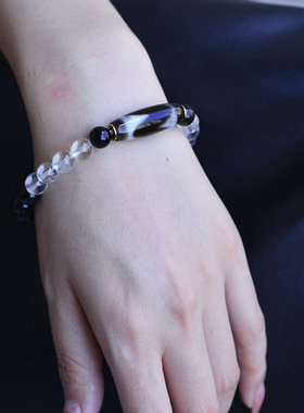 黑玛瑙珠链男拼色白水晶项链女虎牙天珠原创设计款简约时尚锁骨链