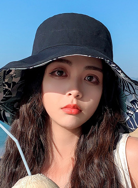 夏季新款印花双面渔夫帽韩国大檐遮脸防晒帽子女士户外旅游太阳帽