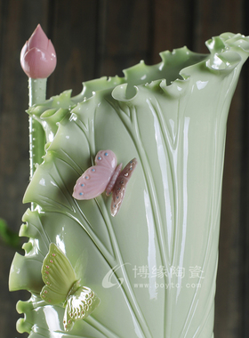 绿色手工插花蝴蝶德化陶瓷