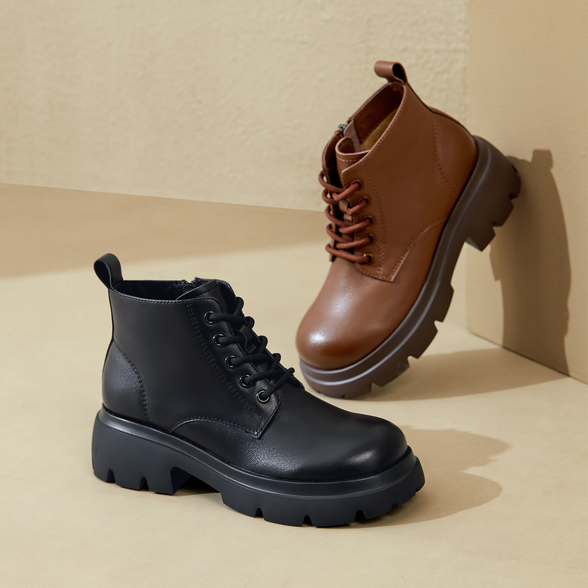 骆驼女鞋2025秋冬新款真皮英伦风粗跟厚底短靴靴子马丁靴瘦瘦靴 - 图3