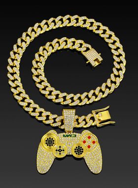 嘻哈复古游戏机手柄吊坠项链美式潮流跨境饰品批发古巴链镶钻饰品