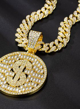 欧美嘻哈hiphop潮人长款项链古巴链粗金链子美金圆牌吊坠工厂直销