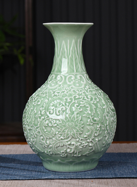 景德镇陶瓷器青釉小花瓶中式家居客厅酒柜玄关装饰品办公室摆件