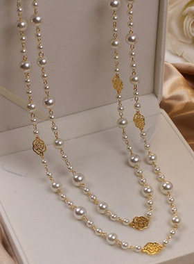 国风服搭配项链长款珍珠毛衣链项链女时尚小香风多层镂空玫瑰花