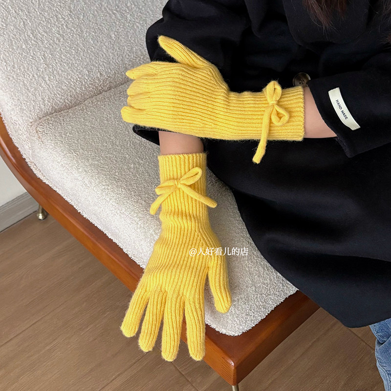 治愈蝴蝶结针织手套女可爱秋冬可触屏保暖防寒骑行毛线手套时尚潮